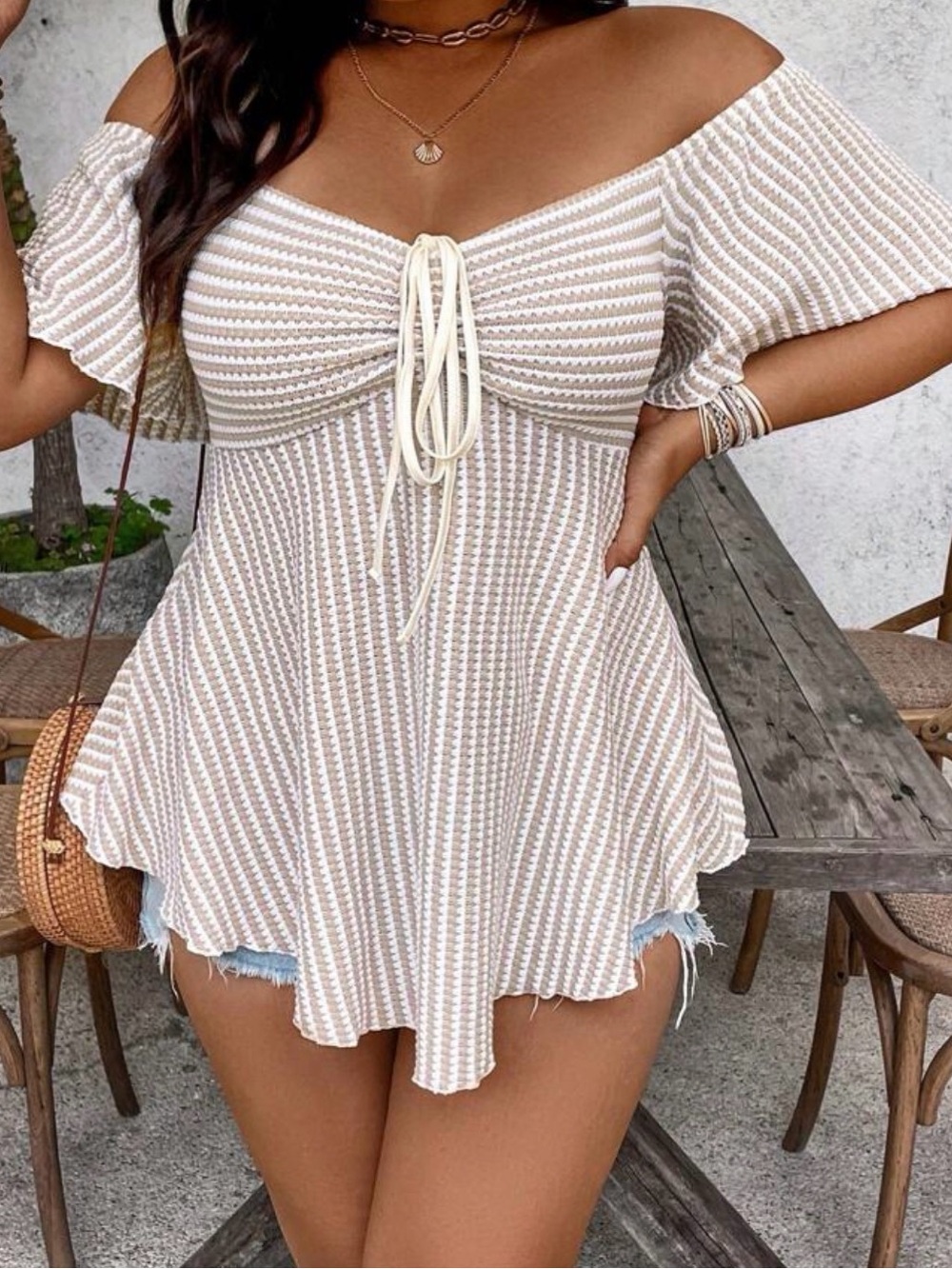 SHEIN NWT Off-Shoulder Striped Tie-Front Tunic Top in Cream & Beige XL